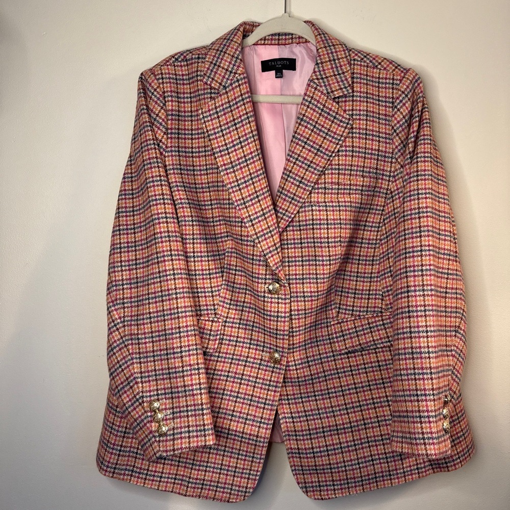 Talbots Pink Plaid Wool Blazer Plus Size 16 Jacket